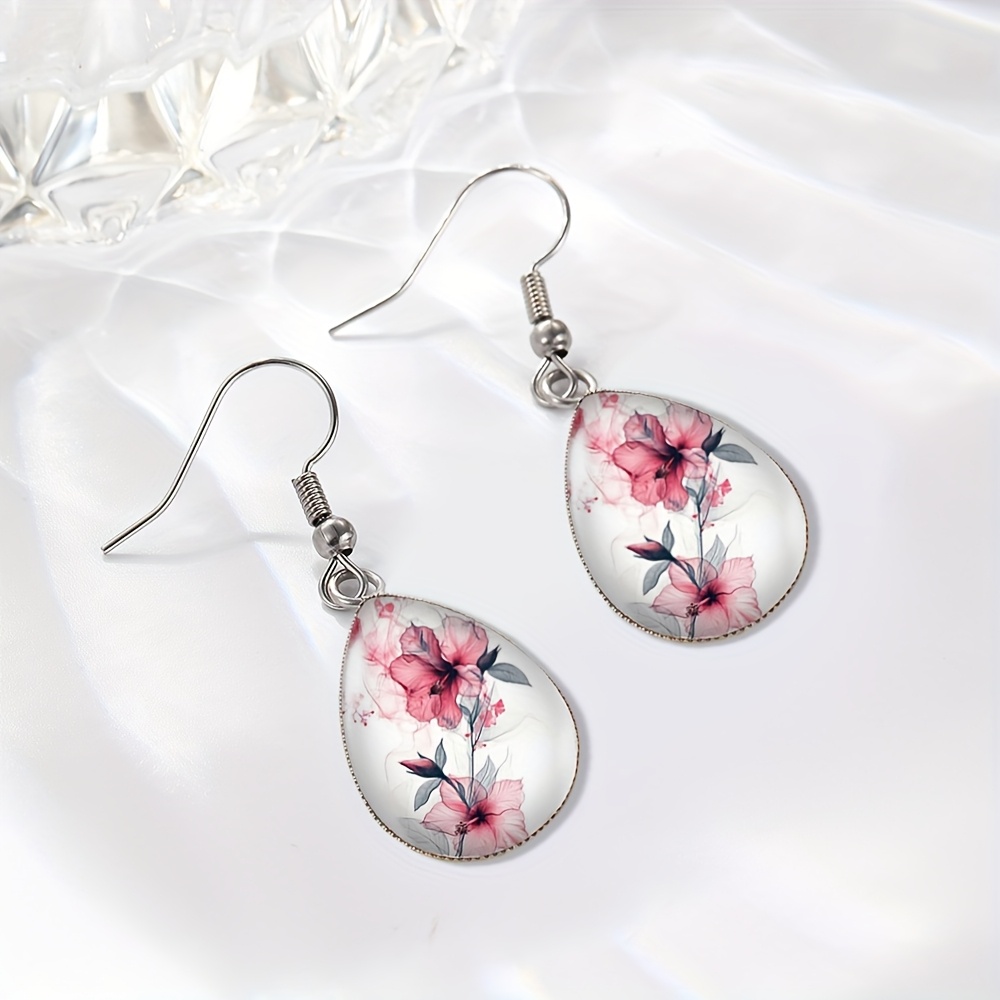 Women's Pink Flower Ink Painting Tear Drop Dangle Earrings
